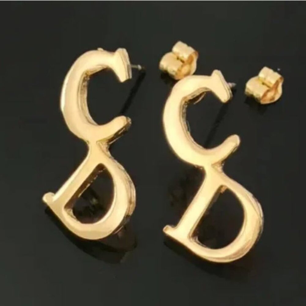 Christian Dior Gold Logo Earrings Backing K18